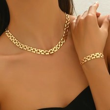 Gold Tone Chunky Link Chain Necklace  Bracelet Combo Women Fashion Jewelry Set