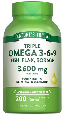 Nature's Truth Triple Omega 3-6-9 Fish, Flax & Borage Oil 3600mg, 200 Softgels