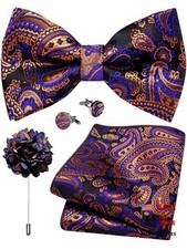 Silk Bow Tie Set for Men Striped Pre-tied Tuxedo Bowties Pocket A Purple Gold