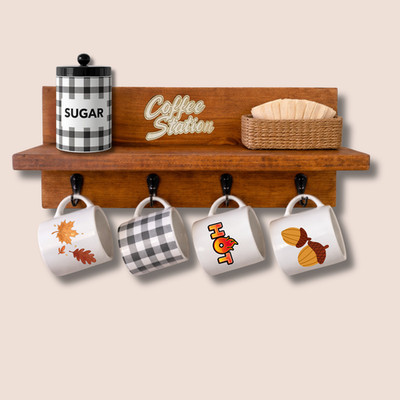 Wall Mounted Coffee Mug Rack with Shelf   Wooden Coffee Cup Holder