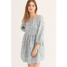 Free People Womans Dress Blue Paper Hearts Babydoll Floral Linen Size M
