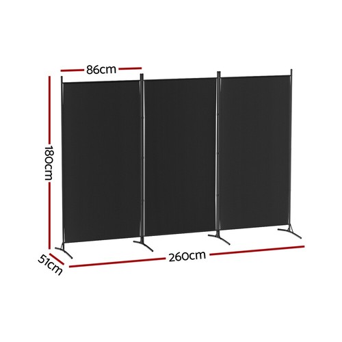 Artiss 3 Panel Room Divider Privacy Screen 260x180cm Fabric Black - Picture 2 of 7