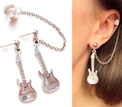 Silver Guitar Earrings Cartilage Ear Cuff Gift for Musician Punk Rock Jewellery - Picture 1 of 9