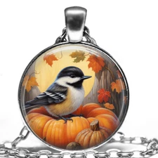 Chickadee Bird Fall Colors Pendant Necklace 24" Autumn Seasonal Jewelry Gift