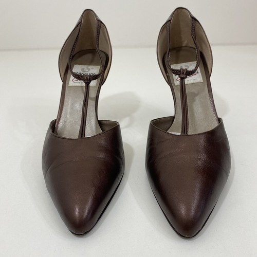 BANDOLINO VTG T Strap Brown Leather Womens 8 Heels Point Toe Pump Shoes - Picture 2 of 10