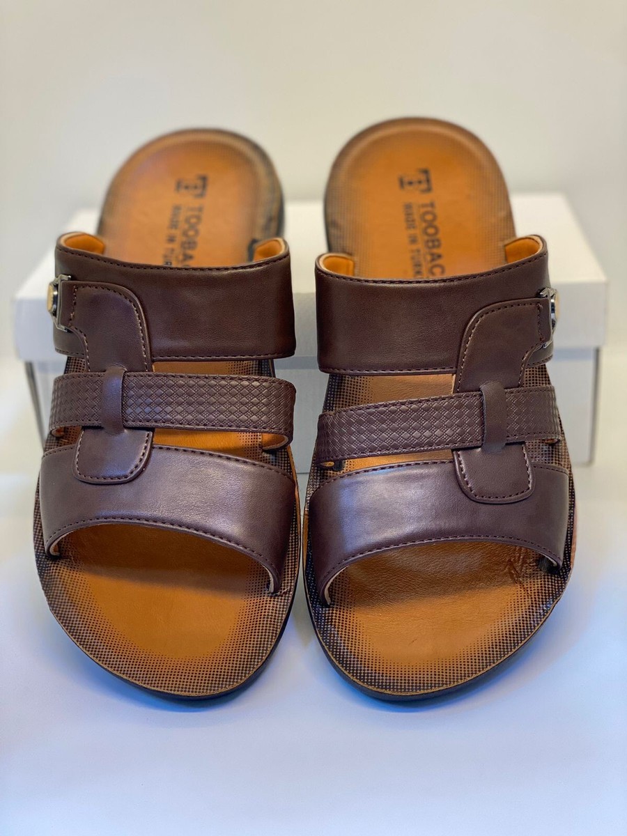 Men's open toe slippers, dark brown leather, size 40, comfortable