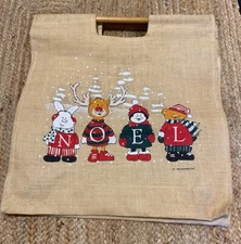 Shopping Tote Bag Jute Burlap Wood Handle Christmas Noel India Airwaves 1989 Vtg