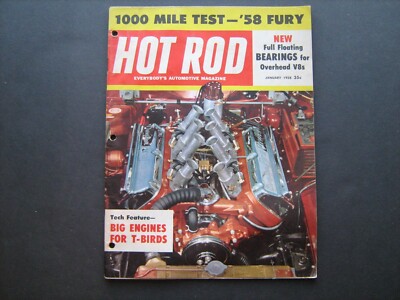 HOT ROD January 1958--Installing piston rings, Dothan Ala & Freeway dragstrips +