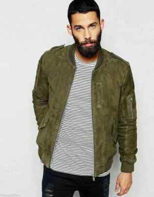 Men's Green Suede Lambskin Jacket Genuine Bomber Handmade Stylish Soft Leather