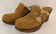 Vintage Y2K Womens 8 Lower East Side Tan Suede Wedge Mule Clog Sherpa Chunky