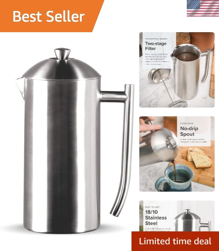 Double-Walled Stainless-Steel French Press Coffee Maker - Brushed 23 Ounces -...