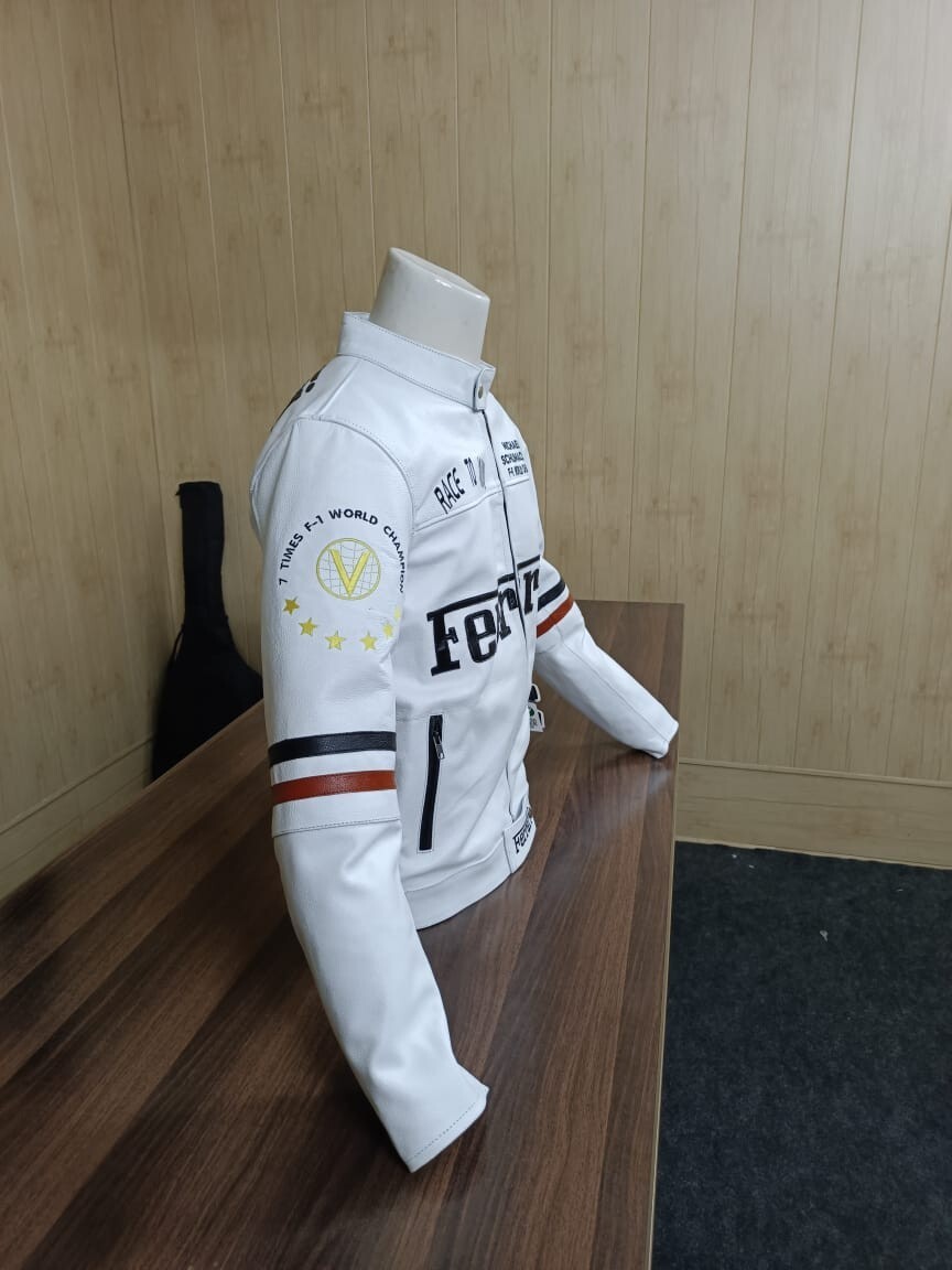 Premium Ferrari White Motorcycle Racing Leather Jacket – High