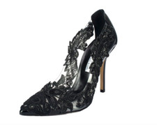 Oscar de la Renta Alyssa Embroidered Illusion Pump Black 39.5 9 stiletto NEW