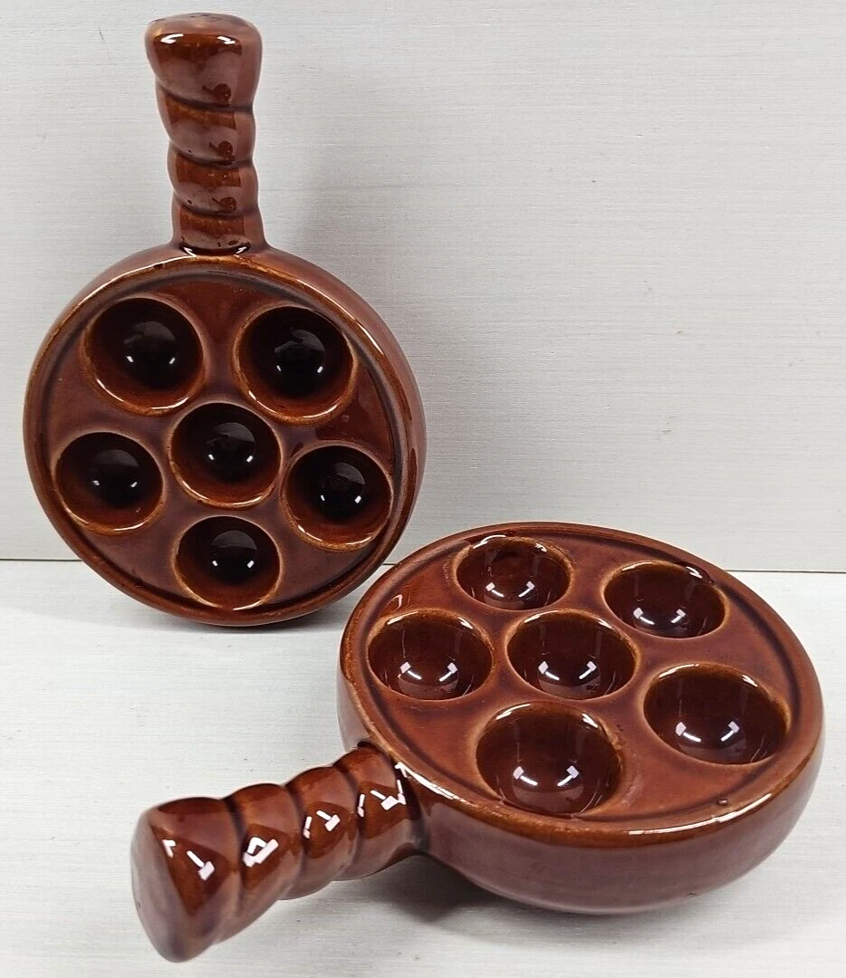 (2) Aufour Brown 6 Hole Escargot Plates Set Vintage Baking Snails Handled Dishes