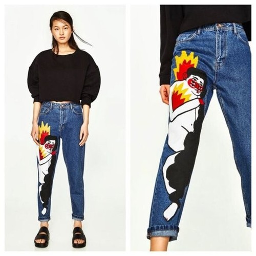 Zara x Ricardo Cavolo Handpainted Artistic Mom Jeans Dark Wash Size US 2