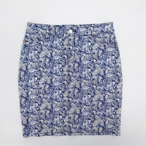 Tommy Bahama Denim Skirt Womens 6 Hawaiian FLoral Blue Pockets Slit