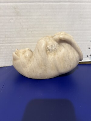 Tan Marble Carving Playful Cat with Yarn Statue  Signed by Don Finkeldei