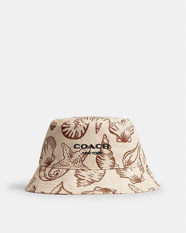 COACH Size M/L Unisex Bucket Hat Dark Natural Jumbo Shells Printed Cotton NEW