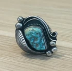 Vintage Navajo Sterling Silver Ring w/ Turquoise & Feather Design Size 7