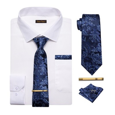 White Mens Dress Shirt and Tie Set Button Down Shirts with Tie Long Sleeve Po...