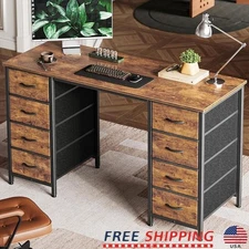 8 Drawer Storage Desk Rustic Wood Grain Home Office Study Computer Table New