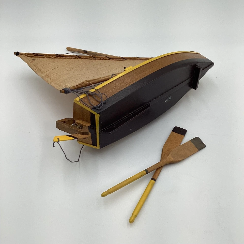 Vintage Wooden Sailboat Model with Oars Nautical Decor Display - Image 4 of 4