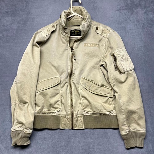 US Army A2 Flight Bomber Jacket Mens XL Beige Mock Neck Full Zip Winter Wear