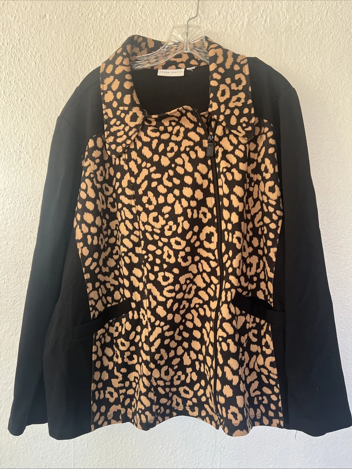 Susan Graver Womens 2XL Ponte Jacket Leopard Black Moto Side Zip Long Sleeve