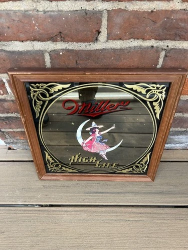 VINTAGE MILLER HIGH LIFE Girl on the Moon WITCH BEER MIRROR BAR SIGN 1980