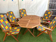 Octagonal Wooden Patio Table & 5 folding Chairs Set, Checked Cushions, 6pc
