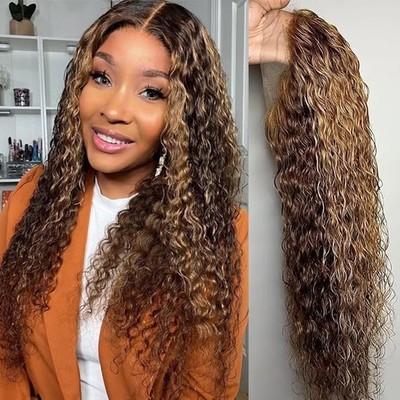 Derun Highlight Ombre Curly Wig 13×4 Lace Front Wigs Human Hair 150% Density Bro