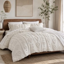 NEW Anthropologie Cream Tufted Boho Queen / King Size Bedding Duvet  Sham Set