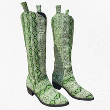 Nasty Gal Bright Green Snake Print Festival Western Cowboy Boots Size 4 UK 6 US