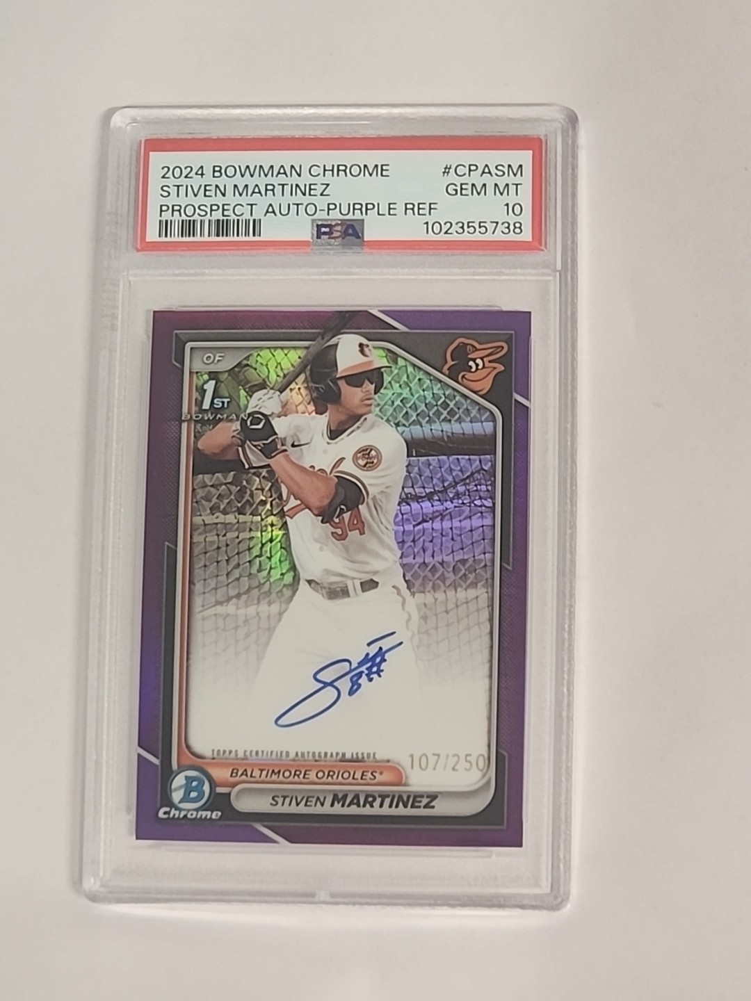 2024 Bowman Chrome STIVEN MARTINEZ CPA-SM Purple Refractor Auto 107/250 PSA 10