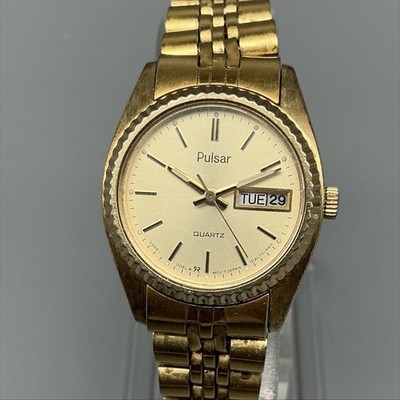 Vintage Pulsar Womens Watch 22mm Gold Tone Day Date V248-0020 New Battery 5.75''