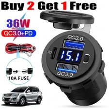 12V QC3.0 Dual USB Car Fast Charger Socket Power Outlet LED Voltmeter Waterproof