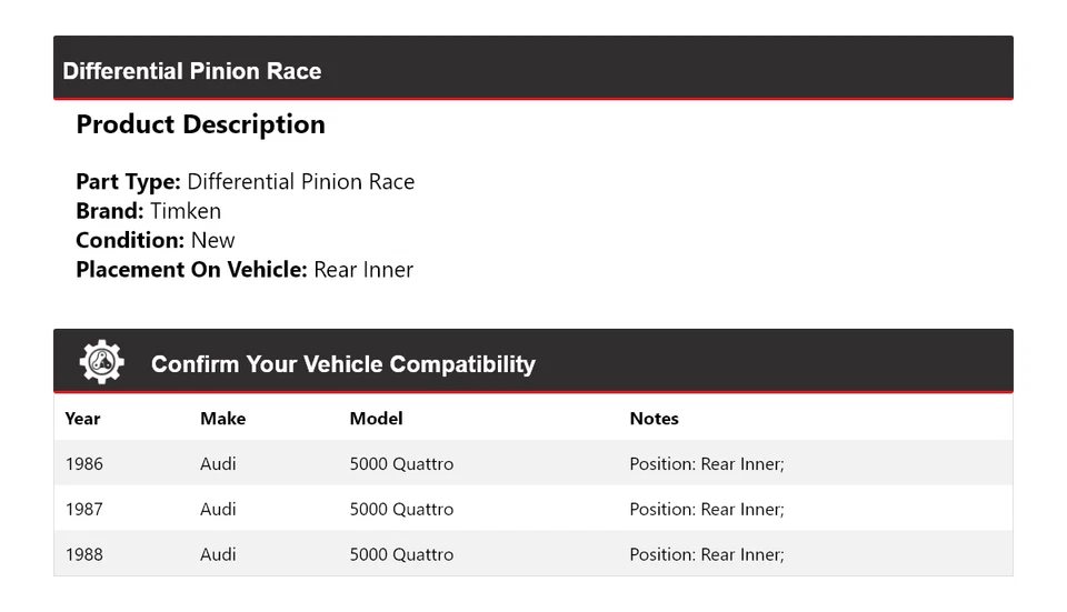 Para Audi 5000 Quattro 1986-1988 Diferencial Piñón Carrera Interior Trasero Timken 1987 Foto 2 de 4