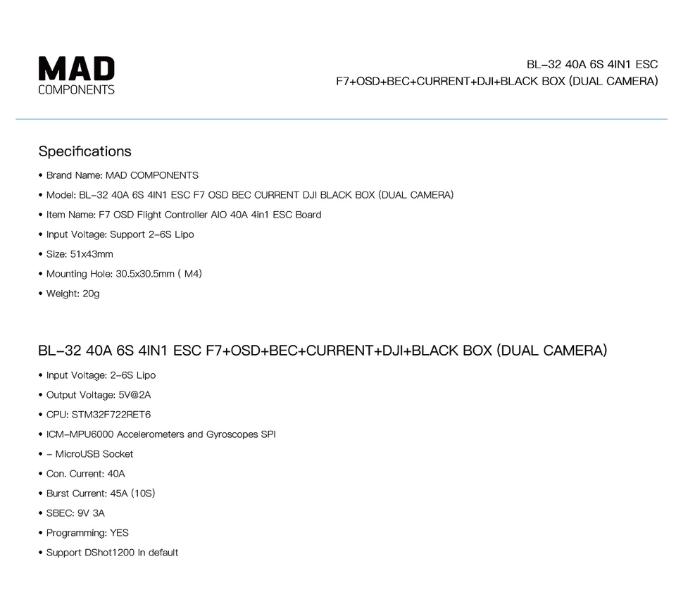 BLHeli_32 40A ESC 4x1 6S DShot1200 + F7 OSD  Flight Controller AIO FPV Drone - Image 4 of 4