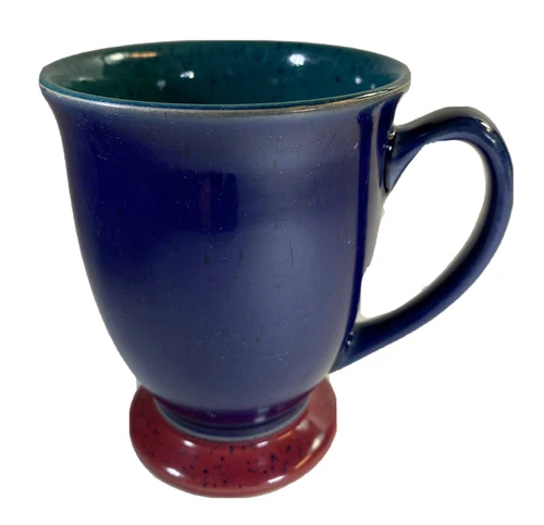 Denby England Harlequin Stoneware Footed Mug Blue Rust Green Handcrafted