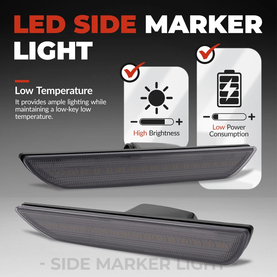 2PCS White LED Side Marker Lights Rear For Ford Mustang 2015-2023 Smoked Lens Foto 3 de 4