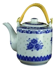 Large Teapot Blue and White Porcelain 64 OZ