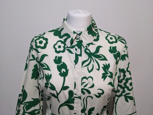 Zara Green Ecru Leaf Print Cotton Shirt Tunic Midi Dress Size M - Picture 5 of 10