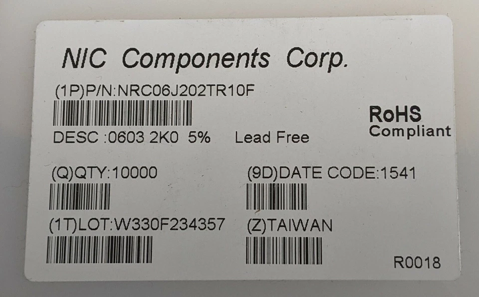 10000 NIC Components Corp. NRC06J202TR10F Resistor SMD 2K Ohm 0603 1/10W 5% - Image 2 of 3