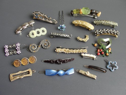 22 VTG Hair Barrettes Rhinestone Plastic Acrylic Metal Clip France USA Taiwan