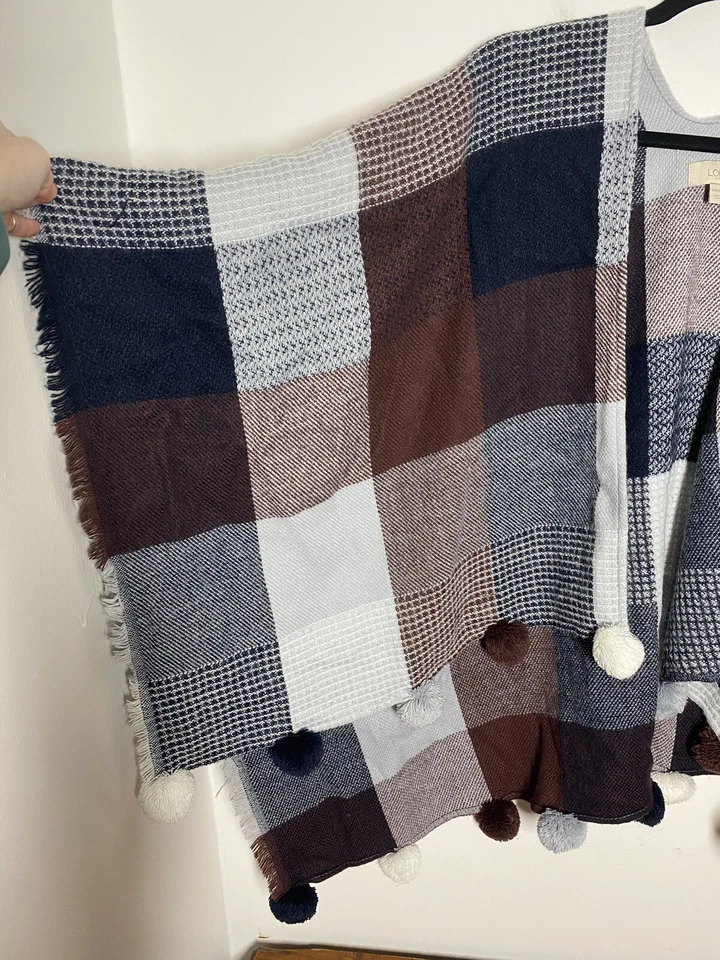 LOFT Outlet Talla Única Granate Gris Azul Marino Envolvente Poncho Pom Pom Dobladillo Detalle Capa Foto 3 de 4