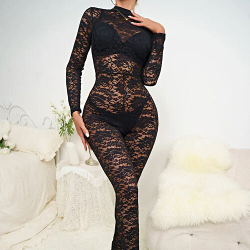 Summer Black Sexy Nightclub Mesh Jumpsuit Elegant Women Overalls Lace Bodysuit - Picture 12 of 12