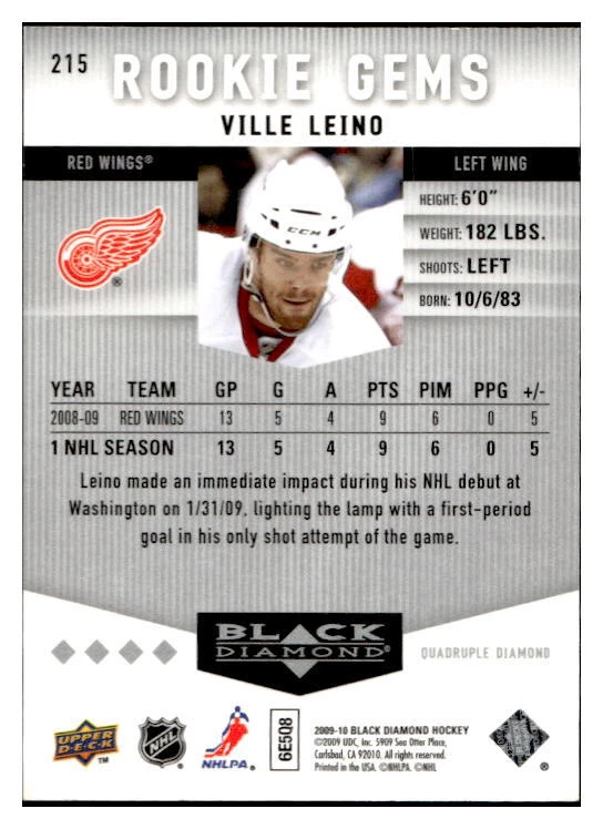 2009-10 Upper Deck Black Diamond #215 Ville Leino Rookie Gems Quad RC - Image 2 of 2