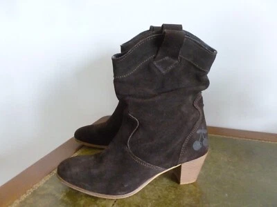 BOTTINES SANTIAGUES LE TEMPS DES CERISES TALON BOTTIER CUIR DAIM CHOCOLAT T.39 - Photo 1/4