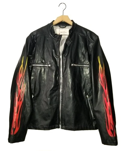 BC Ethic Faux Leather Jacket Vintage 90s Black Fire Flame Sleeves Mens LG - product listing photo