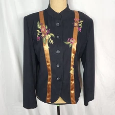 Vtg COURTENAY Size 12 Mandarin Collar Embroidered Satin Embellished Shacket Top